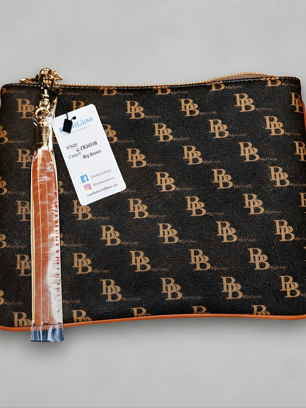 Brentano Monogram Brown Leatherette Wristlet Clutch with Tassel